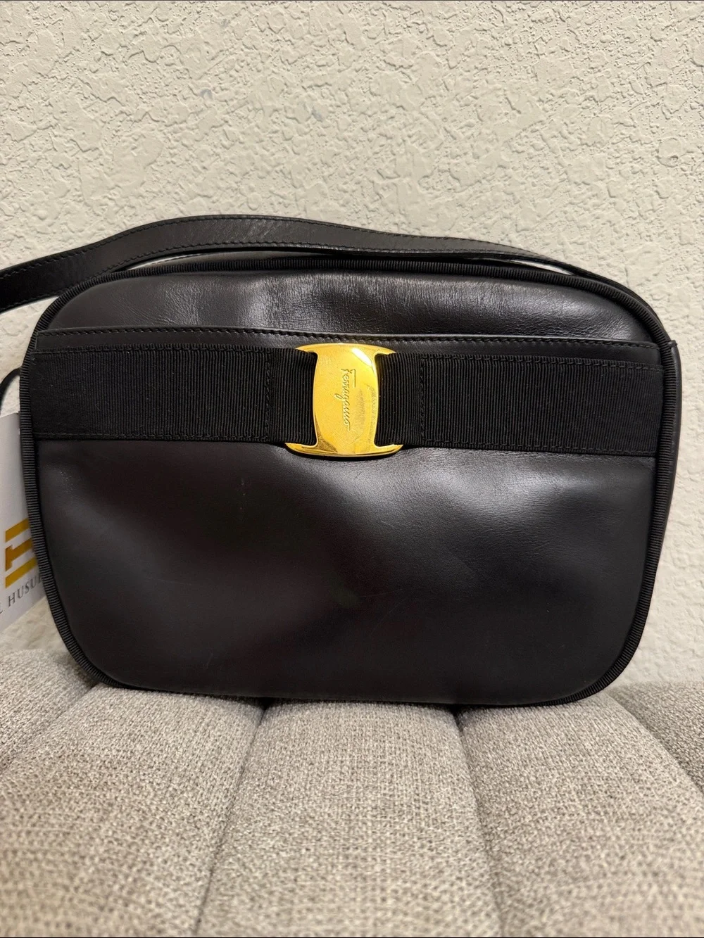 Salvatore Ferragamo Black Leather Messenger Bag with Gold Buckle